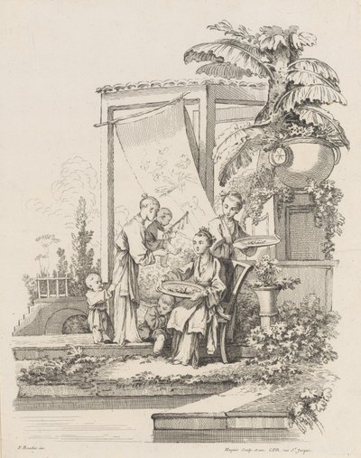 子供と召使いと一緒に座っている女性、カリフォルニア州。 1738-45。 作： Gabriel Huquier