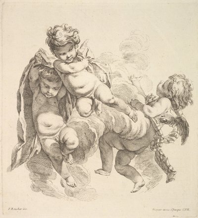 カーテンを運ぶ雲の中の 3 人の子供、1738-45。 作： Gabriel Huquier