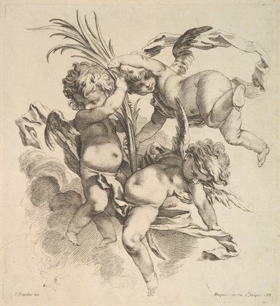 1738-45、ヤシの葉の近くの雲の中の3人の子供。 作： Gabriel Huquier