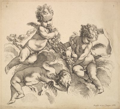 1738-45、フルーツプレートを持つ3人の子供。 作： Gabriel Huquier