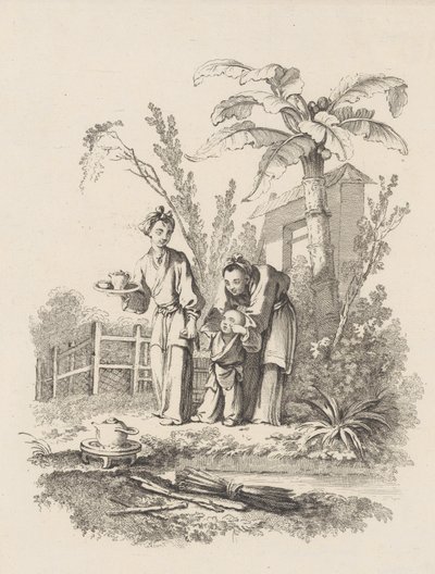 池の近くのテーブルにあるティーポットに向かって子供を導く 2 人の女性、カリフォルニア州。 1742年。 作： Gabriel Huquier