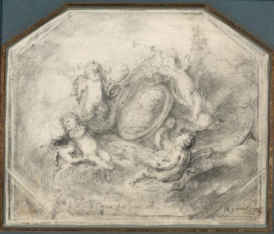 名声と歴史の属性を持つプッティに囲まれたルイ15世の肖像メダリオン 作： Gabriel Jacques de Saint Aubin