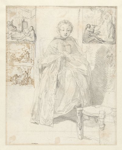読書する女性といくつかのスケッチを含む学習シート 作： Gabriel Jacques de Saint Aubin