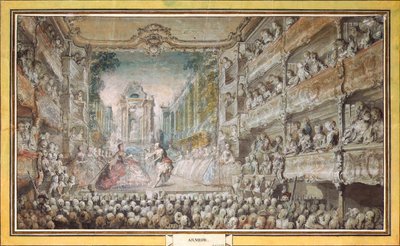 1761年以降、オペラハウスの旧オーディトリアムでのアルミーダのパフォーマンス。 作： Gabriel Jacques de Saint Aubin