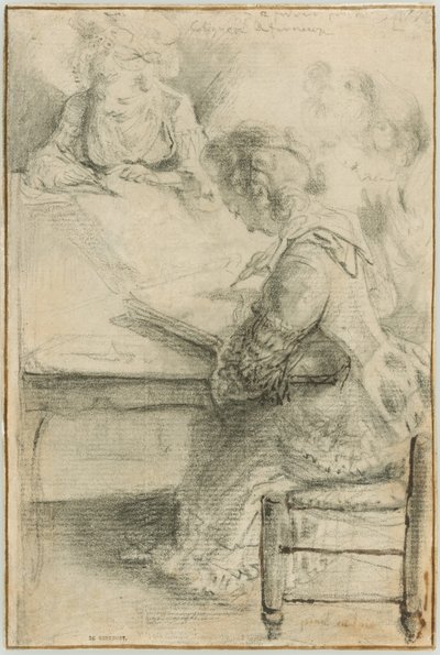 テーブルで絵を描く3人の若い女性 作： Gabriel Jacques de Saint Aubin
