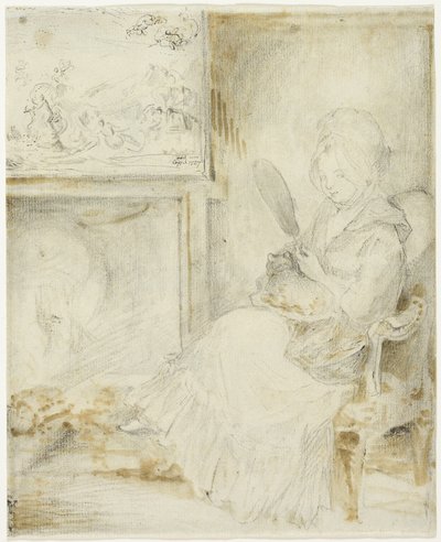膝の上に猫を抱いて座る女性 作： Gabriel Jacques de Saint Aubin