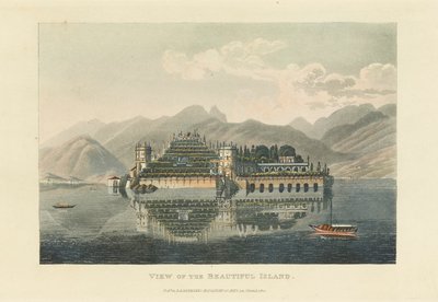 1820 年以前の美しい島イゾラ ベッラ、マッジョーレ湖の眺め。 作： Gabriel Ludwig Lory