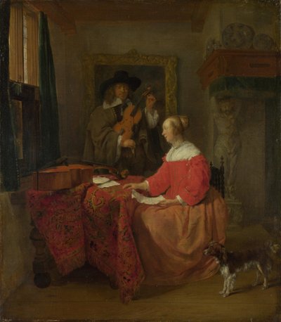 テーブルに座っている女性とバイオリンをチューニングしている男性c。 16571658 作： Gabriel Metsu