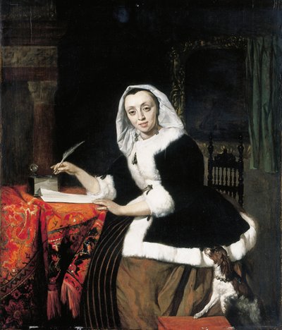 優雅な女性が机に向かって書いていて、隣に犬がいる 作： Gabriel Metsu