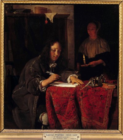 作家。召使いがロウソクを持ち、ライターが書くための明かりを確保する。 作： Gabriel Metsu