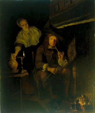 ドイツ語：Der Raucher am Kamin 焚き火台の喫煙者 作： ガブリエル・メツ