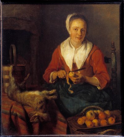 リンゴの皮。ウサギと一緒に料理するためにリンゴの皮を剥く女性。ガブリエル・メツ（1629-1667）の絵 Ec.Hol. 作： Gabriel Metsu