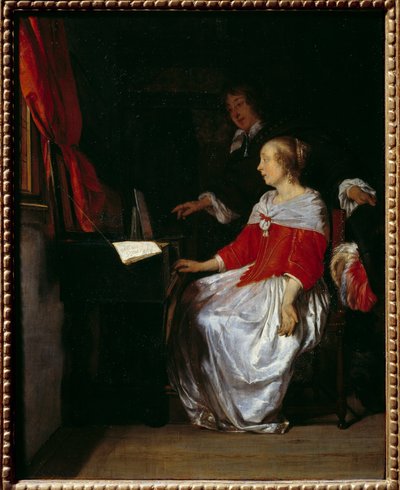 ヴァージナルのレクチャー。ガブリエル・メツ（1629-1667）の絵、ec.holl. 作： Gabriel Metsu
