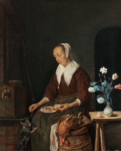 食べる女、通称「猫の朝食」、1661-64年頃（油彩・パネル） 作： Gabriel Metsu