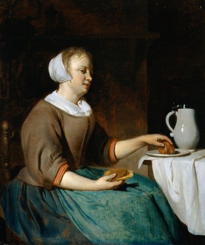 テーブルで食事をする若い女性 作： ガブリエル・メツ