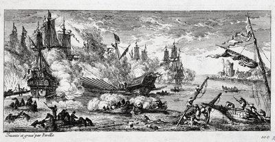 1676年4月22日、フランス艦隊とスペイン・オランダ連合軍との間で行われたアゴスタ（現在のシチリア島アウグスタ）の海戦。マウント・ギベル（ギベル山）の戦い、ファマグスタの戦いとも呼ばれる。 作： Gabriel Perelle