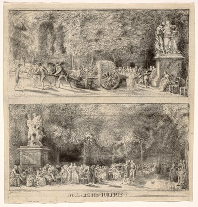 チュイルリーからのシーン：椅子と水車、1760年、1763年にレタッチ 作： ガブリエル・ド・サン・トーバン