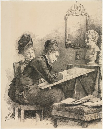 彫刻をスケッチする二人の女性 1878年 作： Gabriel von Hackl