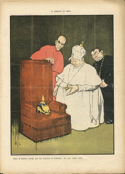 ラジーノのガランタラ (1865-1937) のイラスト, 03/07/10 - ドイツ プロイセン, 先のとがったヘルメット, イタリア, 宗教, 信仰, 帽子, バチカン, イタリア語 - ピウス X, 教皇 作： Gabriele  Galantara