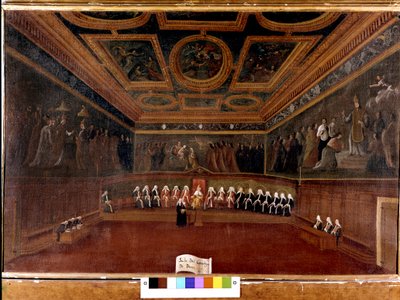 18世紀のドージェス宮殿の10人評議会 - Sala Del Consilgio di Dieci 1725 - ヴェネツィア、ドージェス宮殿の10人評議会の部屋（18日） ガブリエレ・ベッラ（1730 - 1799）の作品 - ドージェと10人評議会。コッレール美術館。ヴェネツィア 作： Gabriele Bella