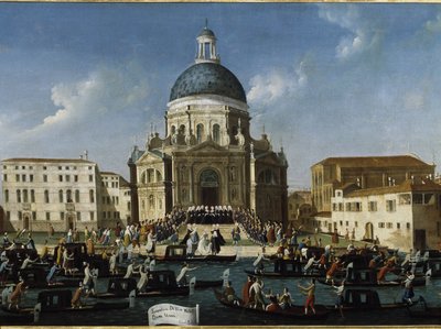サンタ・マリア・デッラ・サルーテでの貴婦人の結婚式（Sposalizio di una nobil dama a Venezia in Santa Maria della Salute） - Gabriele Bella（約1730-1799）の絵画、94x148cm。ヴェネツィア、ケリーニ・スタンパリア財団 作： Gabriele Bella