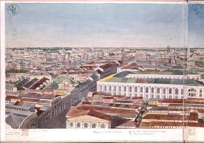 モスクワのパノラマ。1819年にゴスチニドヴォルの旧市場広場と証券取引所を描いています（紙にトイレ）（170139〜170146を参照）。 作： Gadolle