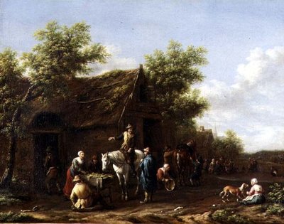 納屋のそばで馬を休ませる旅人たち 作： Gael Barend