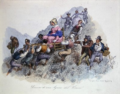 ヴェスヴィオ山から降りる観光客 1830年頃（カラーリトグラフ） 作： Gaetano (after) Dura