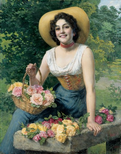 バラの籠を持った美女 作： Gaetano Bellei