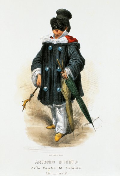 パロディ作品「The Troubadour」の舞台衣装を着た俳優Antonio Petito（1822-1876）、Gaetano Dura（1805-1874）のリトグラフ。 作： Gaetano Dura