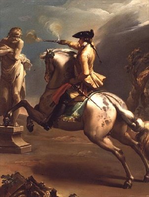 寓話です。老人の銅像に向かってピストルを撃つ若い騎手 作： Gaetano Gandolfi