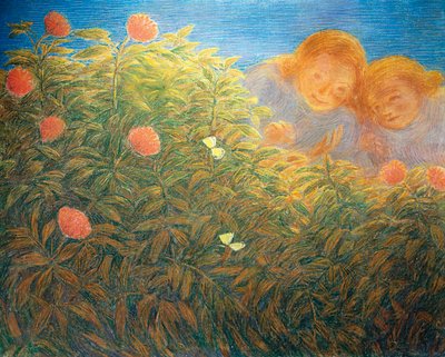花と蝶」ガエターノ・プレヴィアーティ（1852-1920）作、油彩・キャンバス 作： Gaetano Previati