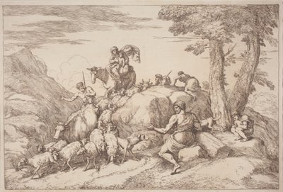 馬に乗った母と子と座った年配の羊飼いとの牧歌的な旅 作： Gaetano Zompini, after Giovanni Benedetto Castiglione