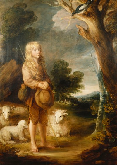 カササギと三匹の羊を聞く羊飼いの少年のいる森の風景 作： Gainsborough Dupont