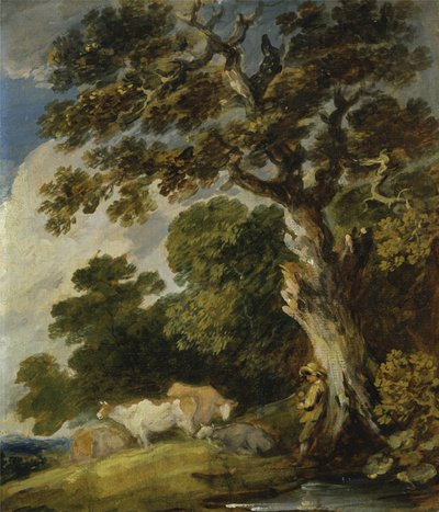牛と牧夫のいる樹木が茂った風景（キャンバス上の紙に油彩） 作： Gainsborough Dupont