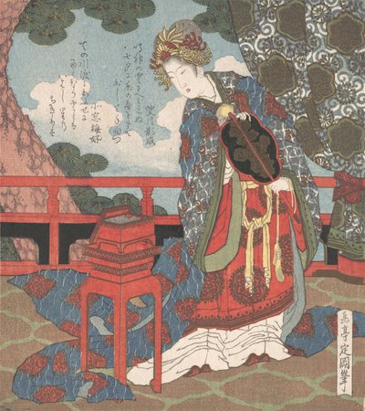 ベランダに立つ扇子を持つ女性、19世紀。 作： Gakutei