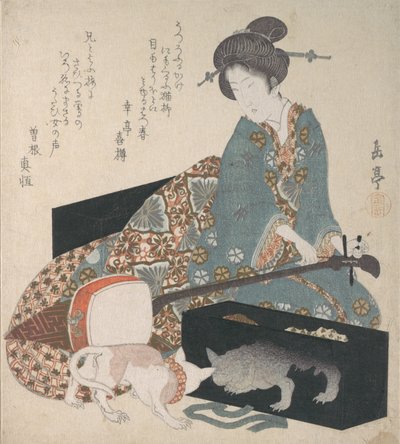 三味線を調律する女性と自分の反射を見る猫、1820 年代半ば。 作： Gakutei