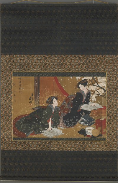 本から読む二人の芸者、江戸時代（絹、金、銀） 作： Gakutei Harunobu