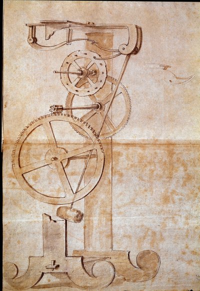 時計......イタリアの天文学者・物理学者であるガリレオ・ガリレイ（1564-1642）が1638年に時間を測るために研究した振り子を計量したもの。図面。フィレンツェ、国立図書館 作： Galileo Galilei