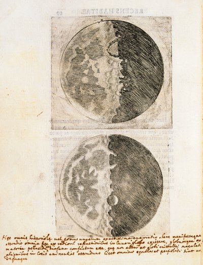 シデレウス・ナンシウス（星の使者）、月の満ち欠けと月面の絵付き 作： Galileo Galilei