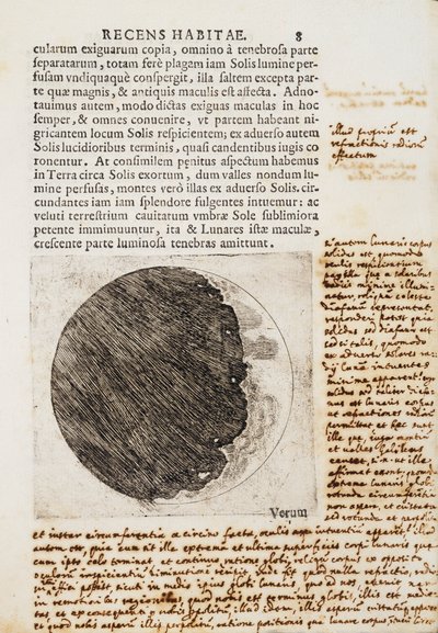 シデレウス・ナンシウス（星の使者）、月の満ち欠けと月面の絵付き 作： Galileo Galilei