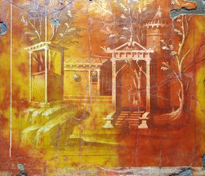 ローマ美術：ヴィラ・パピリ（フレスコ画）の神殿と聖なる門のある建築風景 作： Gallo Roman