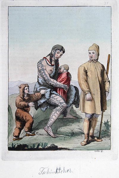 ジュール・フェラリオ著「Le Costume Ancien ou Moderne」（1820年代～30年代にミラノで出版）の挿絵「チュクチ族の夫婦と子供たち」（カラーエングレービング 作： Gallo Gallina