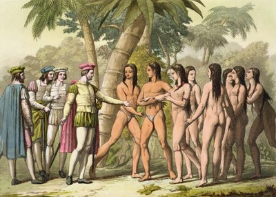 ヘルナンドコルテス（1485-1547）とクリストファーコロンブス（1451-1506）、ネイティブアメリカンガールを贈り物として受け取った、「ルコスチュームアンシアンエモデルヌ」、ボリュームI、プレート5、ジュールズフェラーリオ作、c.182公開 作： Gallo Gallina