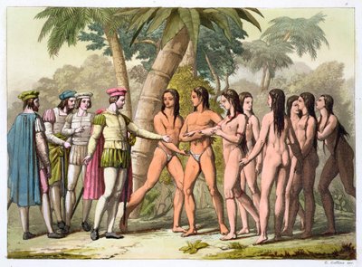 クリストファー・コロンブスとヘルナン・コルテスがアメリカ先住民の少女を贈り物として受け取る、c1820-1839 作： Gallo Gallina