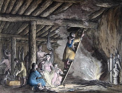 カムチャッカのユルトの内部（1820年代〜30年代にミラノで出版されたジュール・フェラリオ著「Le Costume Ancien et Moderne」の挿絵）（カラーエングレービング 作： Gallo Gallina