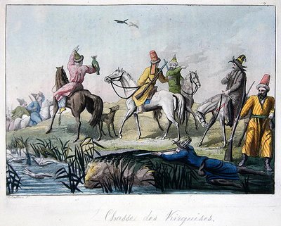 キルギスの猟師が鷹を撃ったり狩ったりしている様子。1820年代～30年代にミラノで出版されたジュール・フェラリオ著「Le Costume Ancien et Moderne」の挿絵（カラーエングレービング） 作： Gallo Gallina