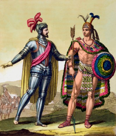 エルナンド・コルテスとモンテスマ2世の出会い、メキシコ、1519 c1820-1839 作： Gallo Gallina