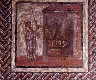 Gallo Roman Art: 素朴なカレンダーを表現したモザイク舗装。作品には砥石が使われています。日本統治時代の2世紀末から3世紀初め。サン・ロマン・アン・ガル（ローヌ）より。サン・ジェルマン・アン・レイ、国立考古学博物館 作： Gallo Roman