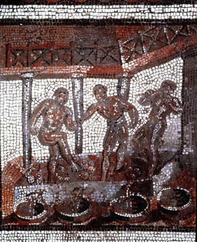 桶の中のブドウを踏むシーン。(モザイク、2世紀末～3世紀初頭) 作： Gallo Roman